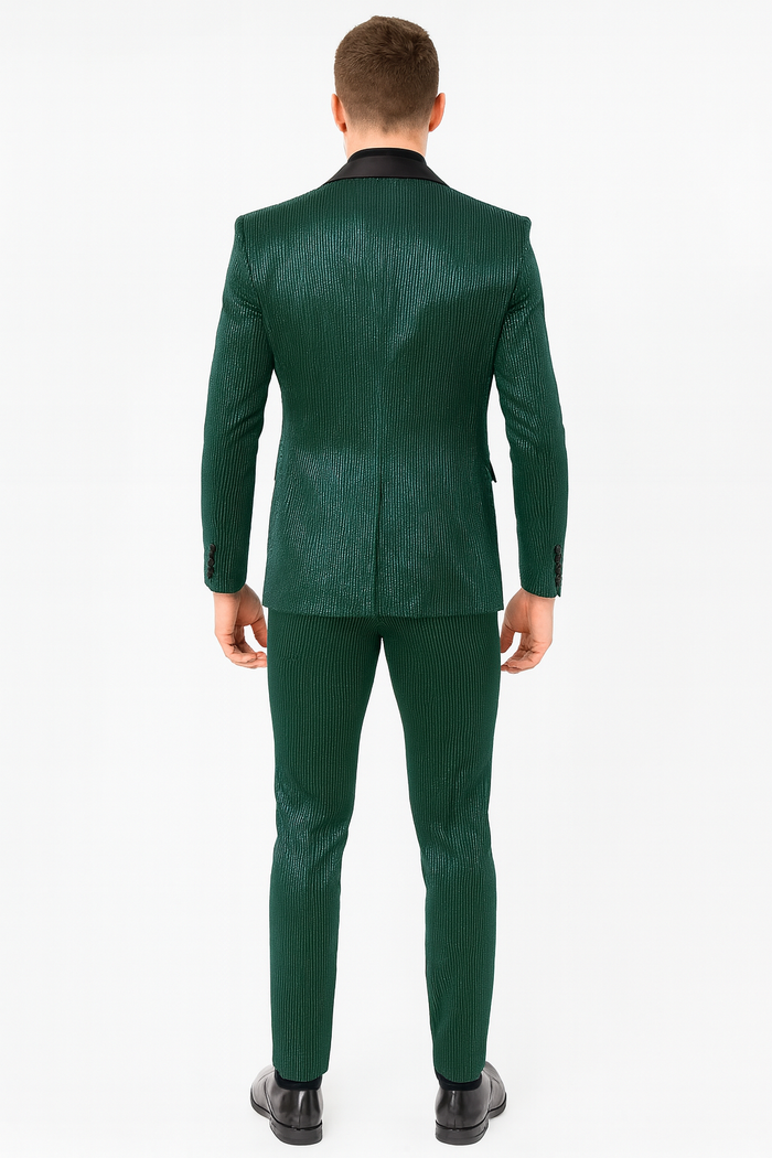 Mens Emerald Green Shiny Stripe Tuxedo Suit â€“ Slim Fit 2-Piece Satin Lapel Dinner Jacket and Pants Ultra slim fit