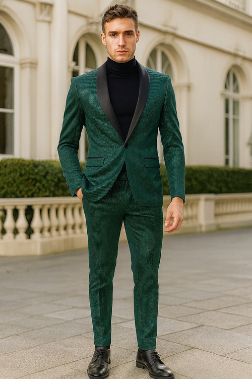 Mens Emerald Green Shiny Stripe Tuxedo Suit â€“ Slim Fit 2-Piece Satin Lapel Dinner Jacket and Pants Ultra slim fit