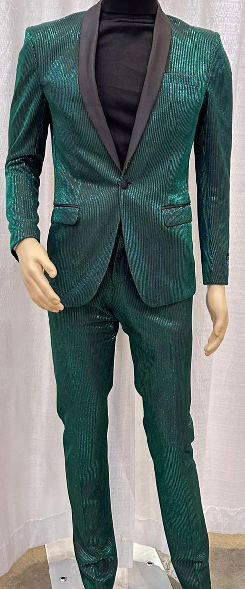Mens Emerald Green Shiny Stripe Tuxedo Suit â€“ Slim Fit 2-Piece Satin Lapel Dinner Jacket and Pants Ultra slim fit