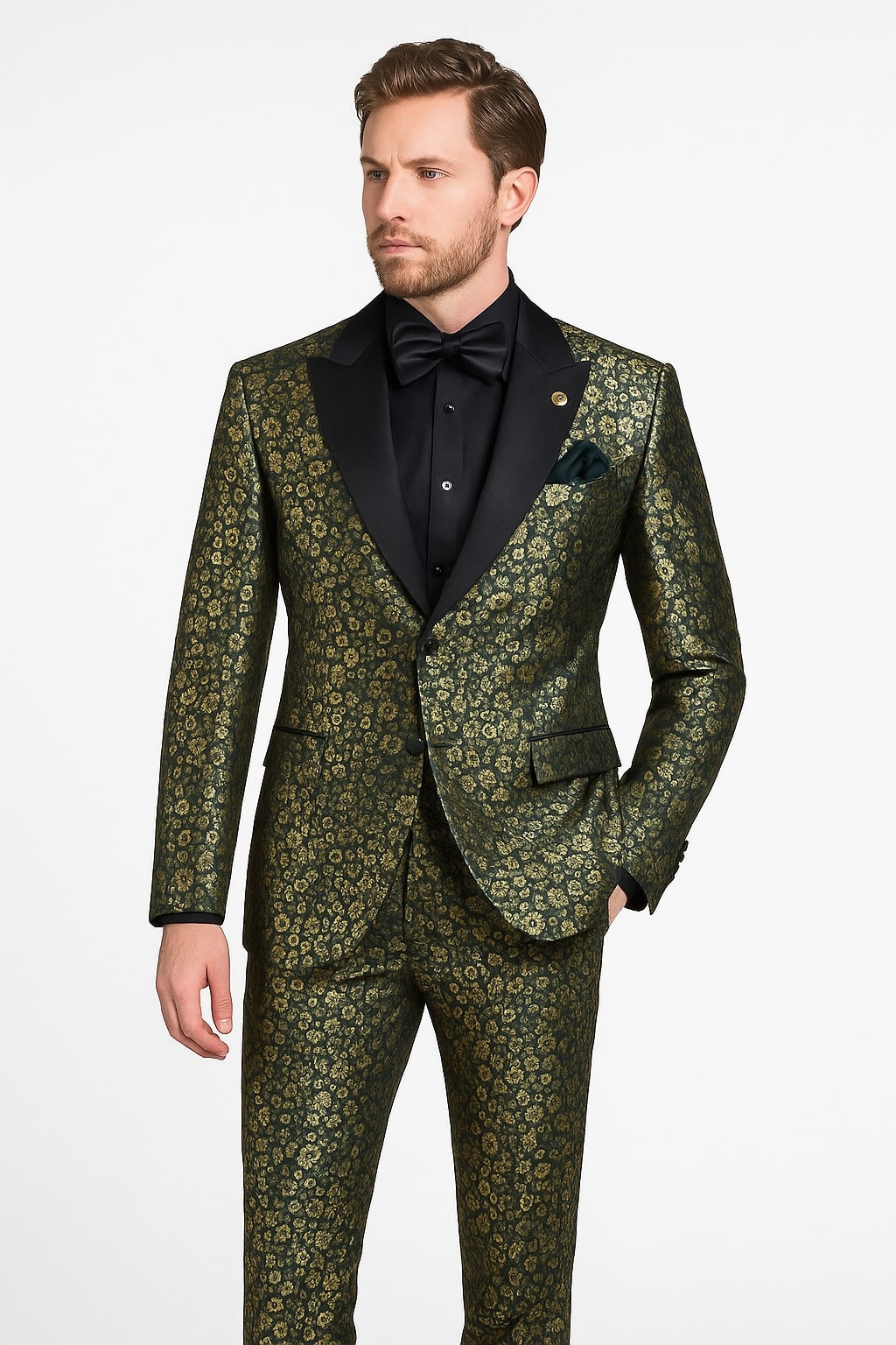 Emerald Green and Gold Floral Tuxedo Suit for Men Perfect Prom or Wedding Suit - 38 Long + 32 Waist(Adjust 2" Large and amp 4")
