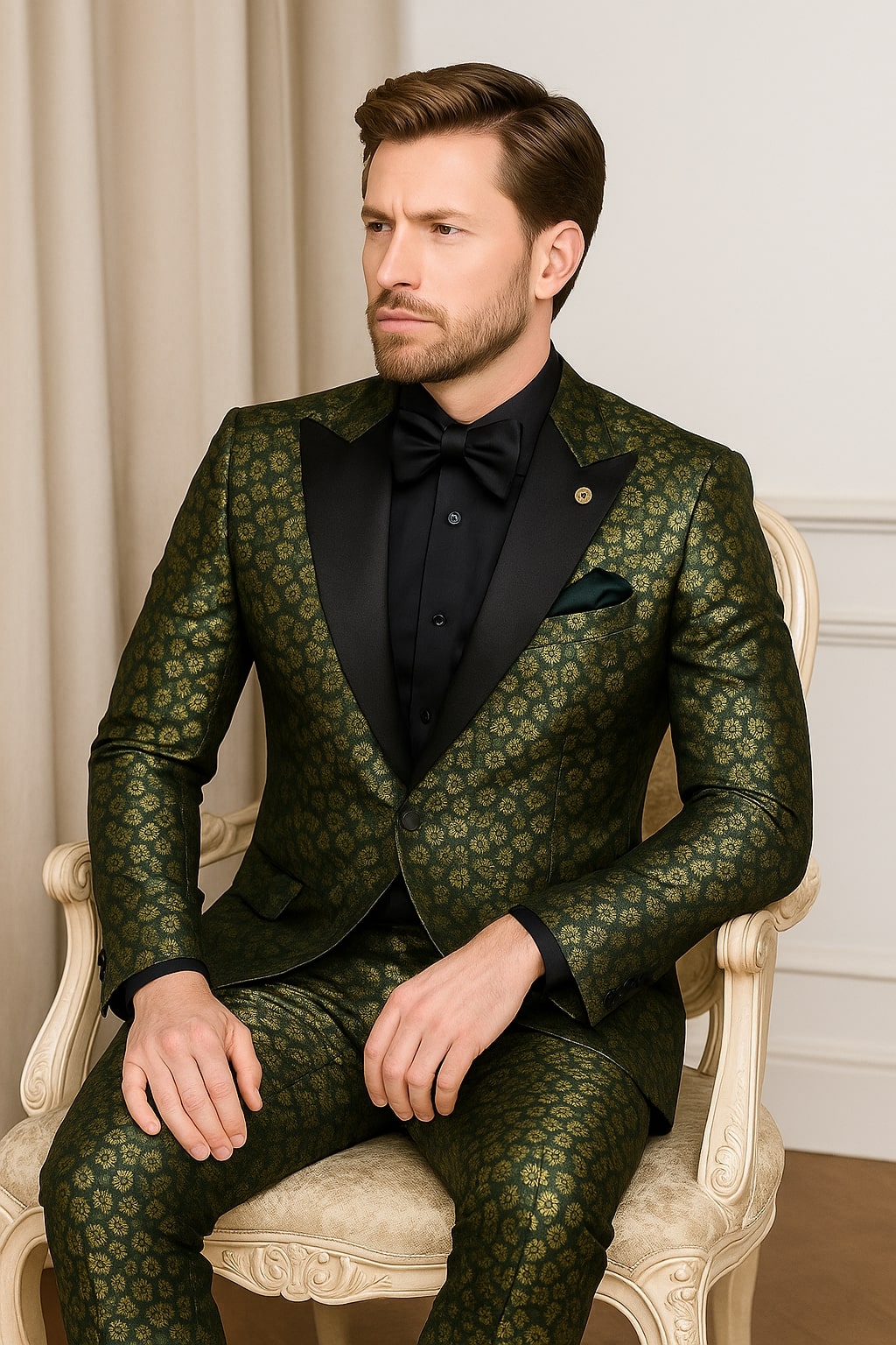 Emerald Green and Gold Floral Tuxedo Suit for Men Perfect Prom or Wedding Suit - 38 Long + 32 Waist(Adjust 2" Large and amp 4")
