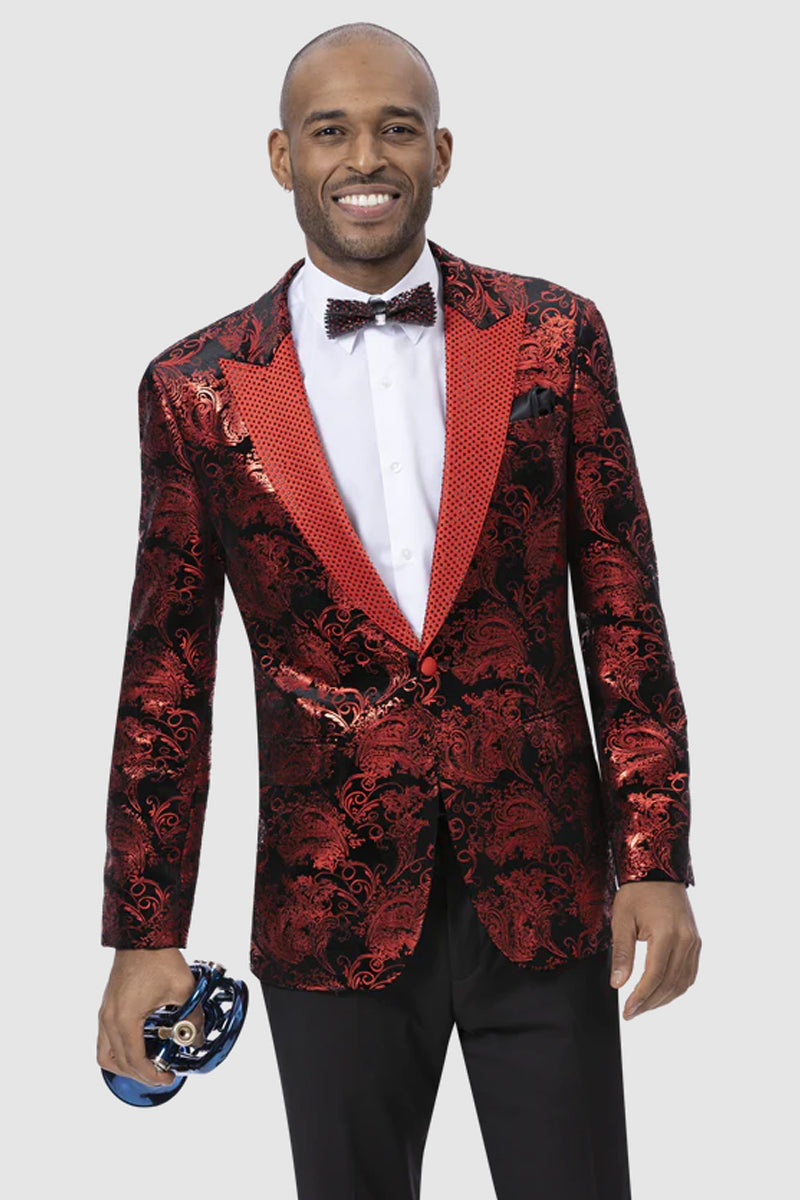 "Shiny Red Paisley Sharkskin Men's Performers Blazer with Studded Lapel"