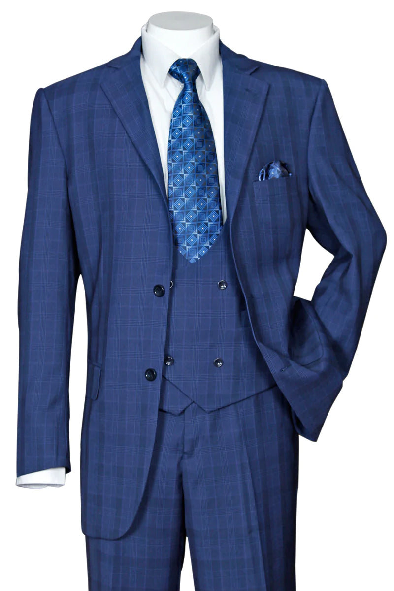 "Modern Fit Men's Plaid Windowpane Suit with Double-Breasted Vest - Navy Blue" - 38 Long