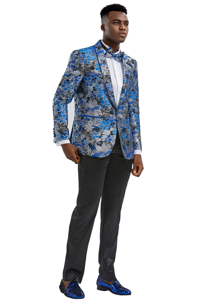 Royal Blue & Black Men's Slim Fit Paisley Prom 2026 Tuxedo Jacket - X-Small