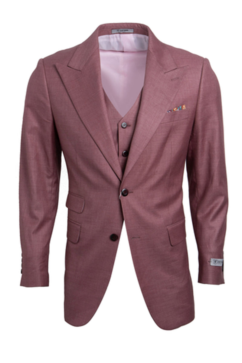 "Stacy Adams  Suit Men's Sharkskin Suit - One Button Peak Lapel Vested in Salmon Pink"