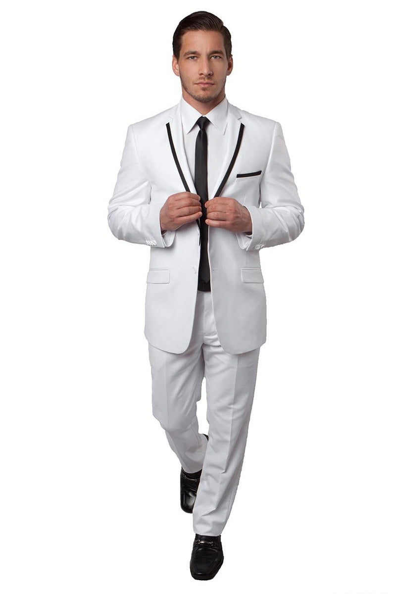 "White Slim Fit Men's Tuxedo Suit with Black Piping - Wedding & Prom"