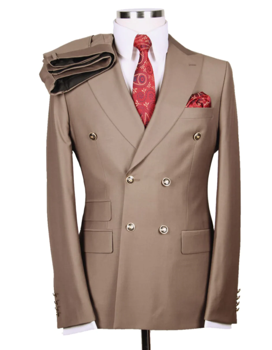 Best Mens Designer Modern Fit Double Breasted Wool Suit with Gold Buttons in Tan - For Men  Fashion Perfect For Wedding or Prom or Business  or Church