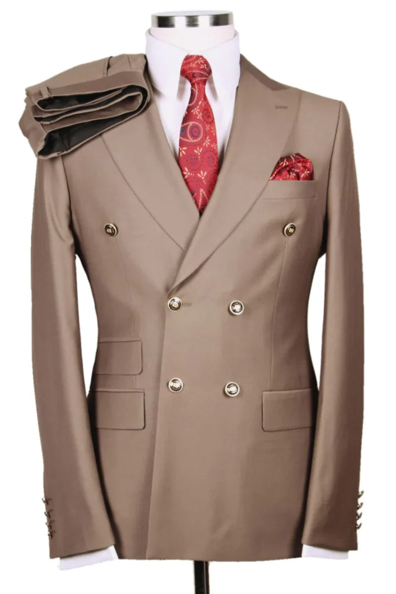 Mens Double breasted Suit - " Tan " 1920s 1980s Style Peak Lapel Suits -  Back Side Vented  Mens Designer Modern Fit Double Breasted Wool Suit with Gold Buttons in Tan Rose Gold Prom 2025 Suits - 38 Regular