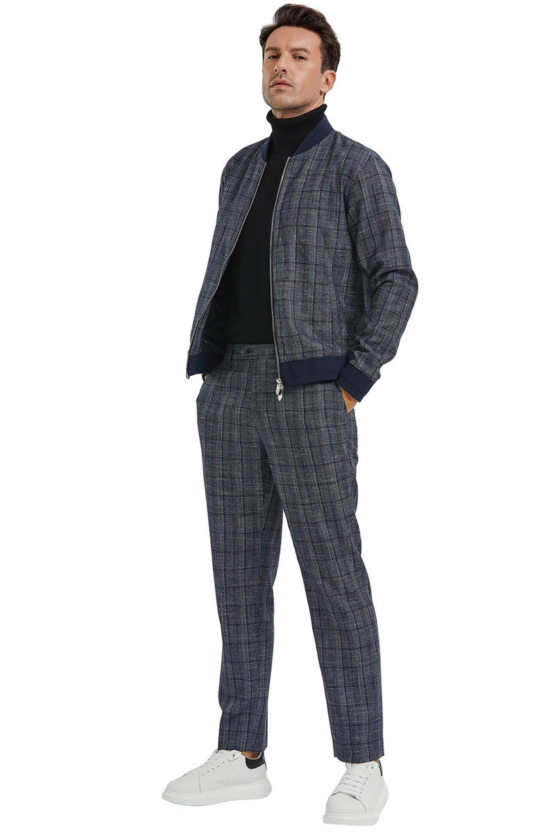 Plaid Men's Casual Track Suit - Navy Walking Jacket & Pant Set - X-Small