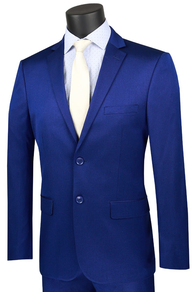 Mens Ultra Slim Fit Shiny Satin Sharkskin Suit in Blue - 36 Short