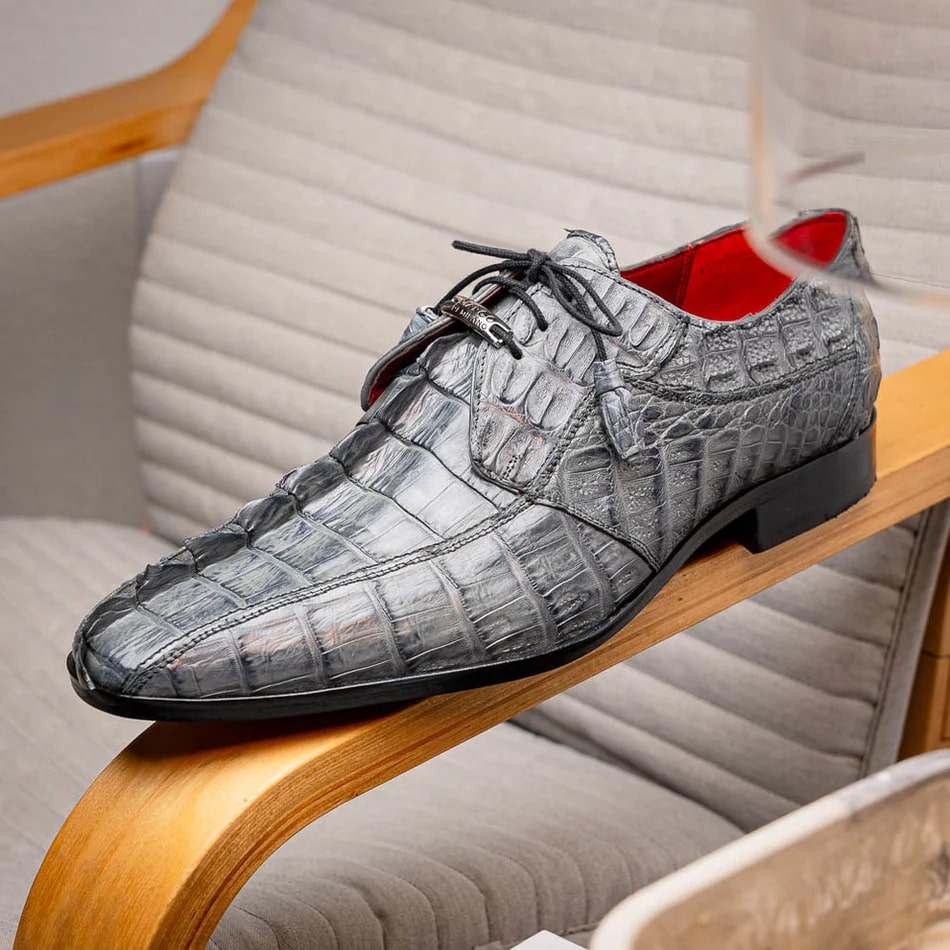 Marco Di Milano Cancun Men's Shoes Gray Exotic Hornback Crocodile Skin Derby Oxfords - 6