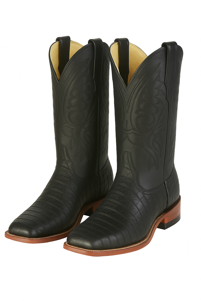 Los Altos Boots Men's Black Caiman Belly Wide Square Toe Boots-New Designer Collection