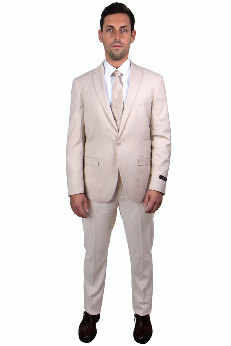 "Men's Skinny Wedding Suit - One Button Peak Lapel with Lowcut Vest, Tan" - 34 Short