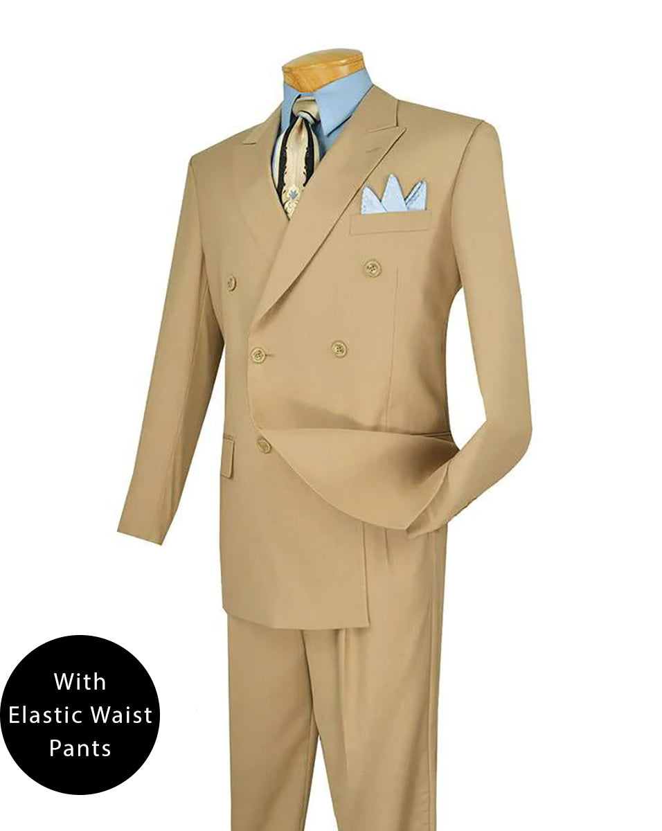 Ramses Collection - Beige Regular Fit Double Breasted 2 Piece Suit with Flexible Elastic Waistband - Beige