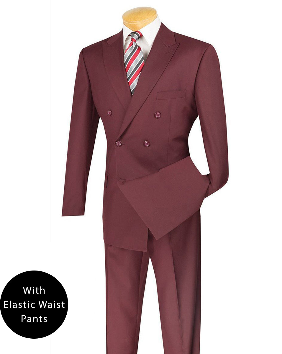 Ramses Collection - Burgundy Regular Fit Double Breasted 2 Piece Suit with Flexible Elastic Waistband - Burgundy