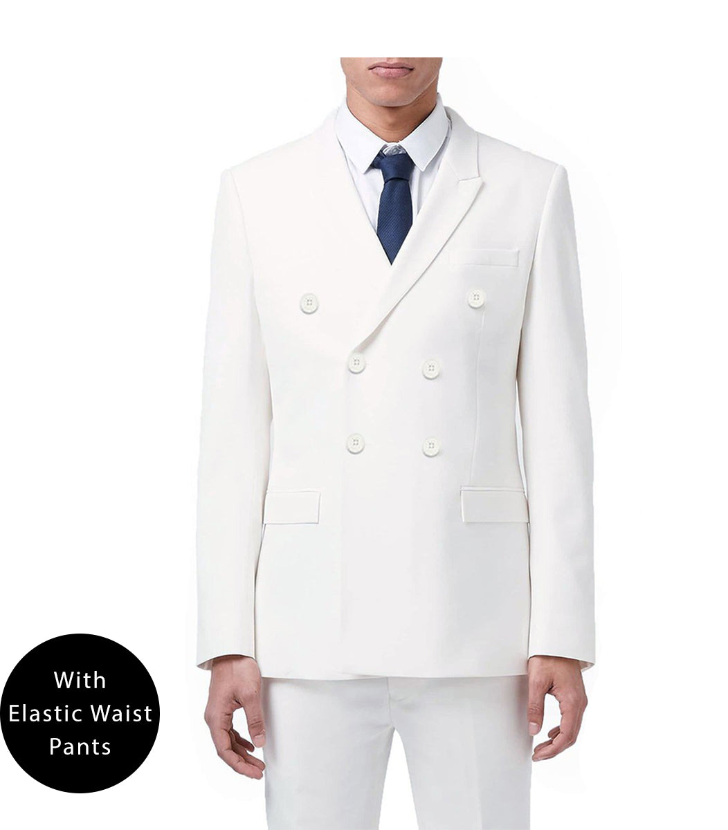 Ramses Collection - White Regular Fit Double Breasted 2 Piece Suit with Flexible Elastic Waistband - White