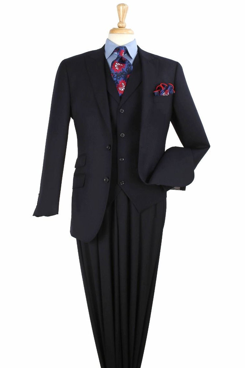 "Navy Blue Men's Wool Suit with Double Breasted Vest - Two Button Classic"