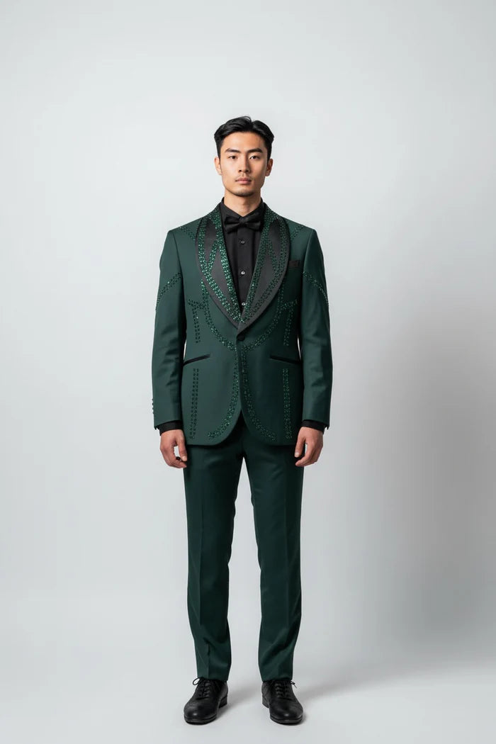 Men’s Chic Hunter Green Embellished Tuxedo – Luxury 3 Piece Formal Suit for Weddings, Prom & Special Events - 34 Short or Extra Small