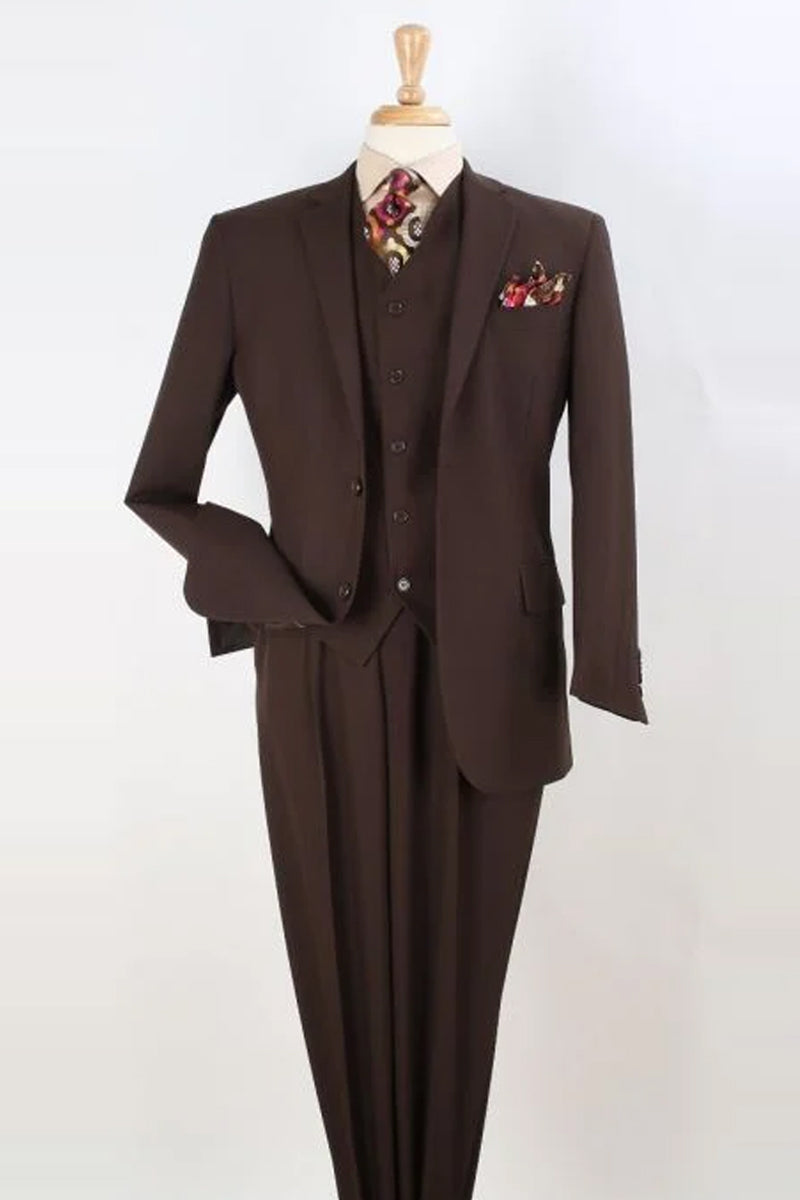 "Brown Men's Classic Fit Two-Button Vested Suit with Pleated Pants"