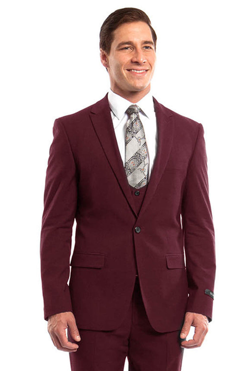 "Burgundy Men's Wedding & Prom Suit - One Button, Peak Lapel, Skinny Fit with Lowcut Vest"