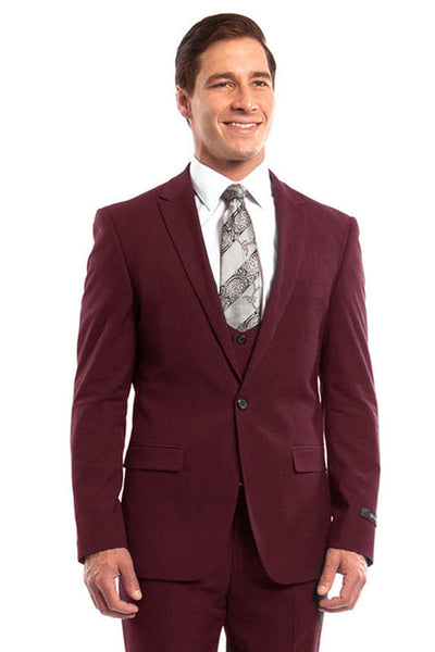 "Burgundy Men's Wedding & Prom 2026 Suit - One Button, Peak Lapel, Skinny Fit with Lowcut Vest"