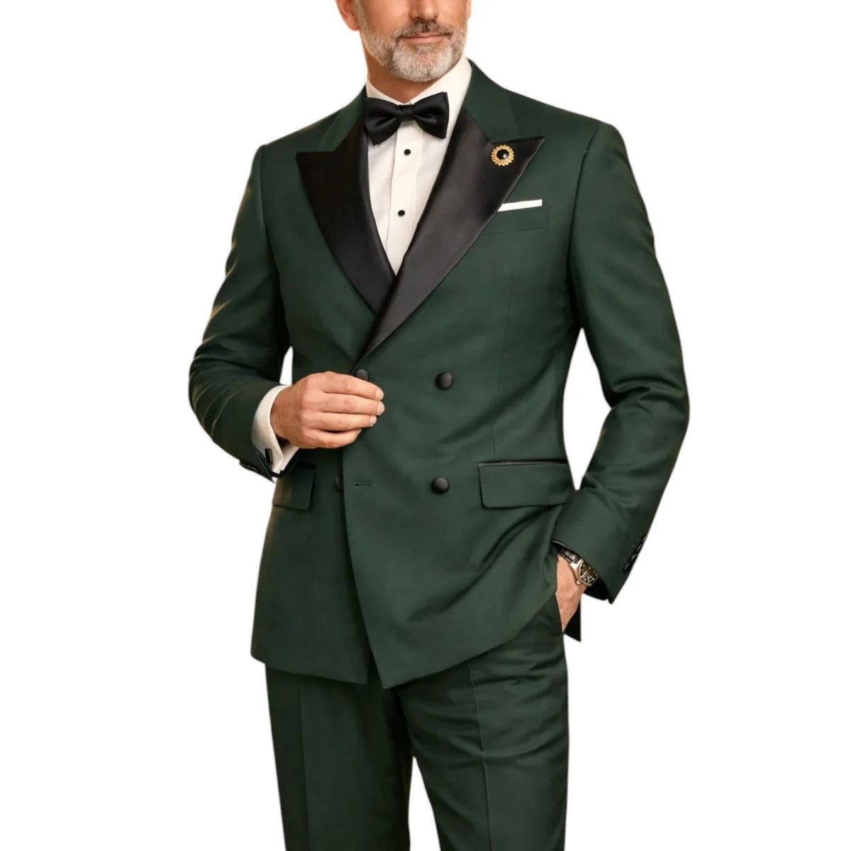 Mens Regular Fit Double Breasted Tuxedo with Satin Lapel and Bow Tie - Hunter Green