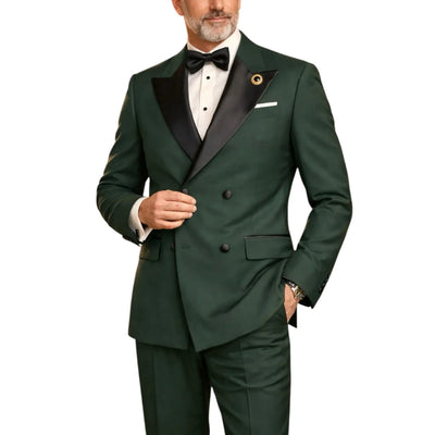 Mens Regular Fit Double Breasted Tuxedo with Satin Lapel and Bow Tie - Hunter Green