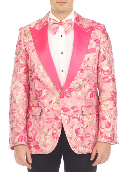 Men’s Drake Fuchsia Floral Tuxedo Blazer – Slim Fit Peak Lapel 1 Button Prom Dinner Jacket for Weddings & Formal Events