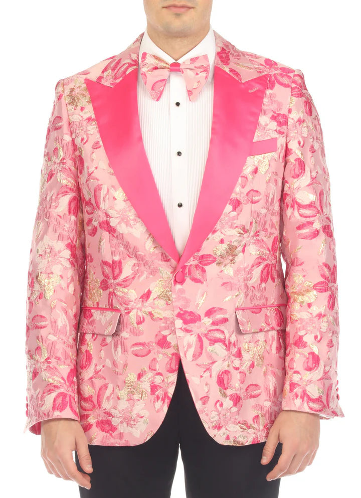 Men’s Drake Fuchsia Floral Tuxedo Blazer – Slim Fit Peak Lapel 1 Button Prom Dinner Jacket for Weddings & Formal Events - 36 Short