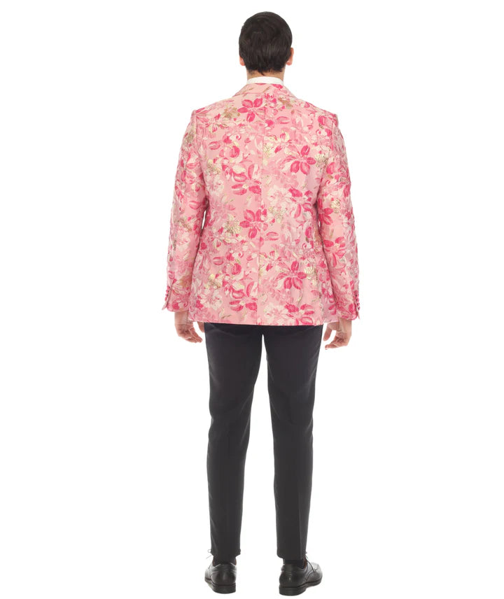 Men’s Drake Fuchsia Floral Tuxedo Blazer – Slim Fit Peak Lapel 1 Button Prom Dinner Jacket for Weddings & Formal Events - 36 Short