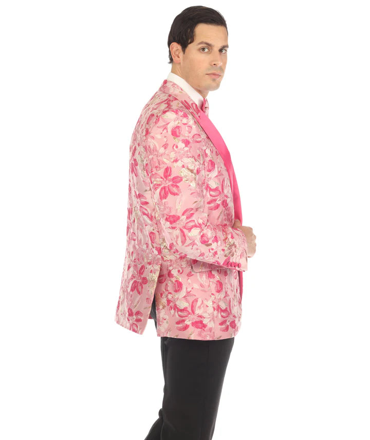 Men’s Drake Fuchsia Floral Tuxedo Blazer – Slim Fit Peak Lapel 1 Button Prom Dinner Jacket for Weddings & Formal Events - 36 Short