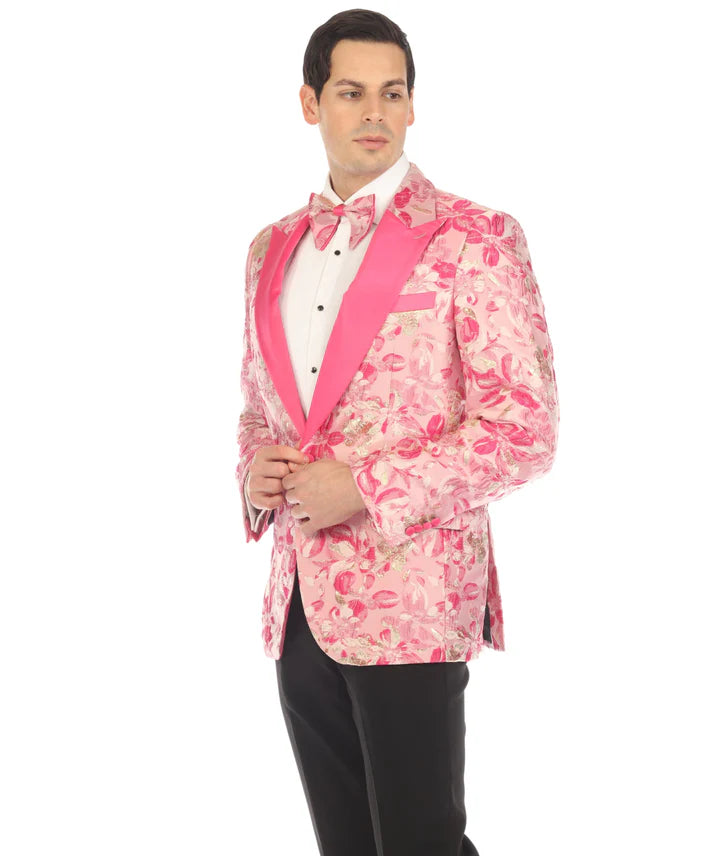 Men’s Drake Fuchsia Floral Tuxedo Blazer – Slim Fit Peak Lapel 1 Button Prom Dinner Jacket for Weddings & Formal Events - 36 Short