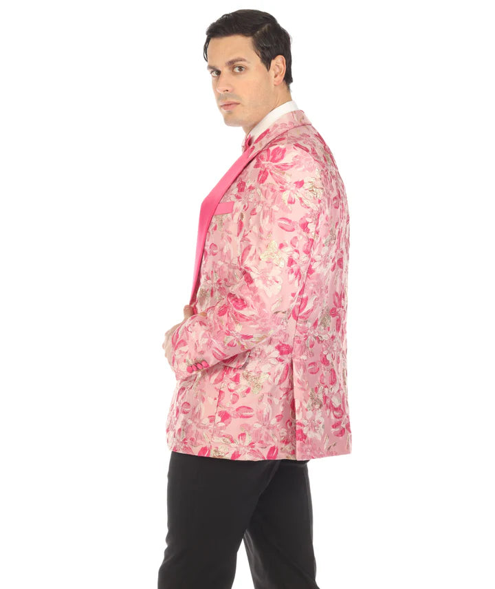 Men’s Drake Fuchsia Floral Tuxedo Blazer – Slim Fit Peak Lapel 1 Button Prom Dinner Jacket for Weddings & Formal Events - 36 Short