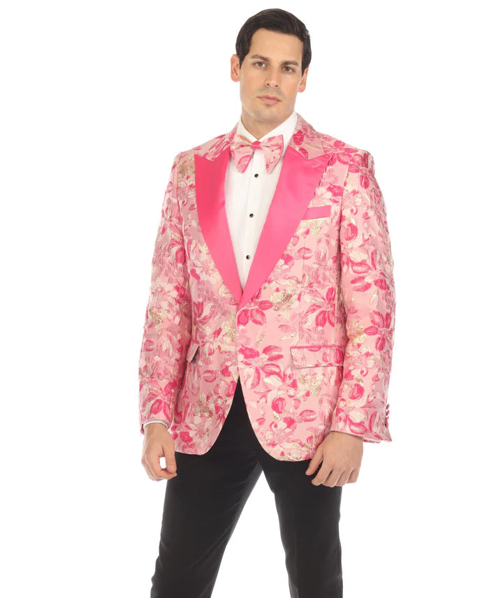 Men’s Drake Fuchsia Floral Tuxedo Blazer – Slim Fit Peak Lapel 1 Button Prom Dinner Jacket for Weddings & Formal Events - 36 Short