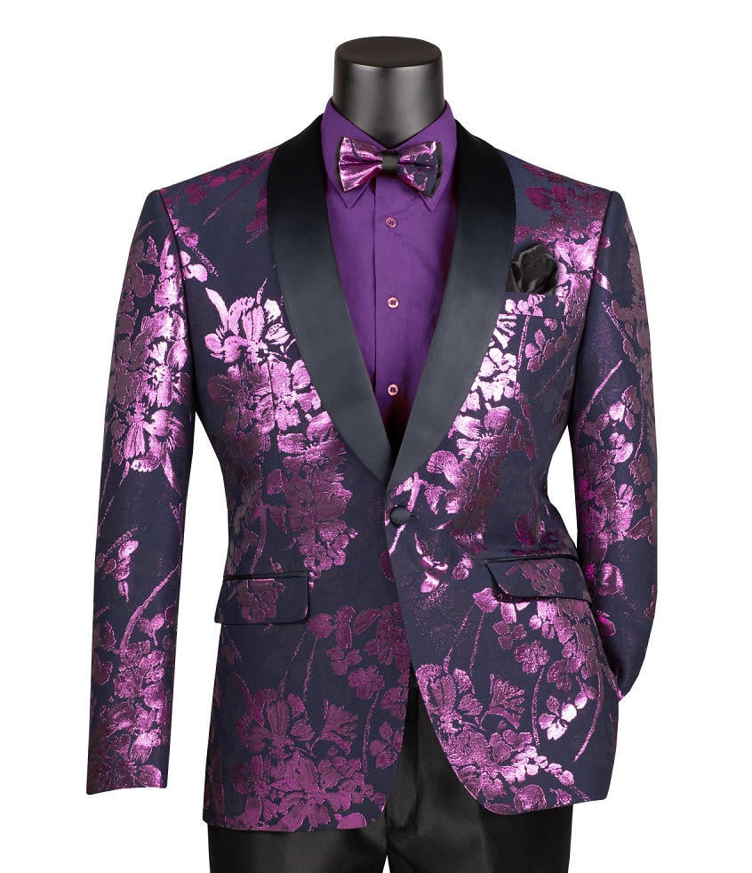 Mardi Gras Tuxedo Suit Mens Slim Fit Purple Shiny Prom Jacket Bowtie Set Vinci BSF-19 - 34 Short or Extra Small