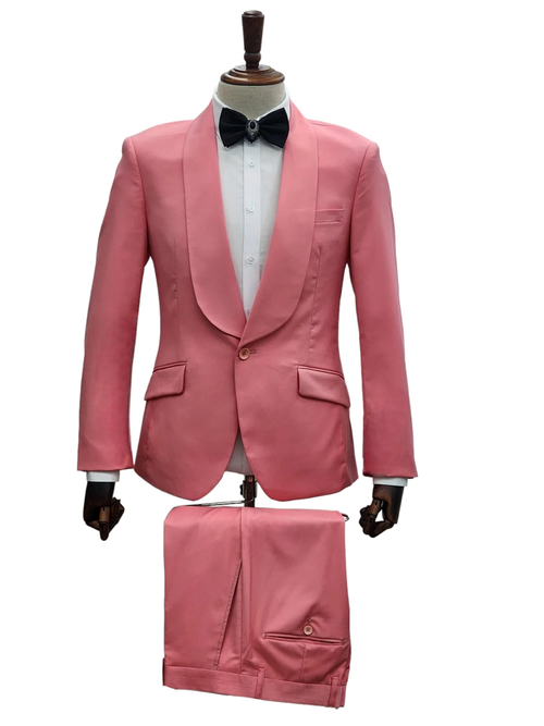 Mens Coral 2-Piece Slim Fit Suit 1 Button Shawl Lapel with Flat Front Pants