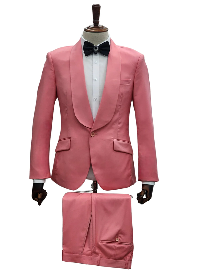 Mens Coral 2-Piece Slim Fit Suit 1 Button Shawl Lapel with Flat Front Pants