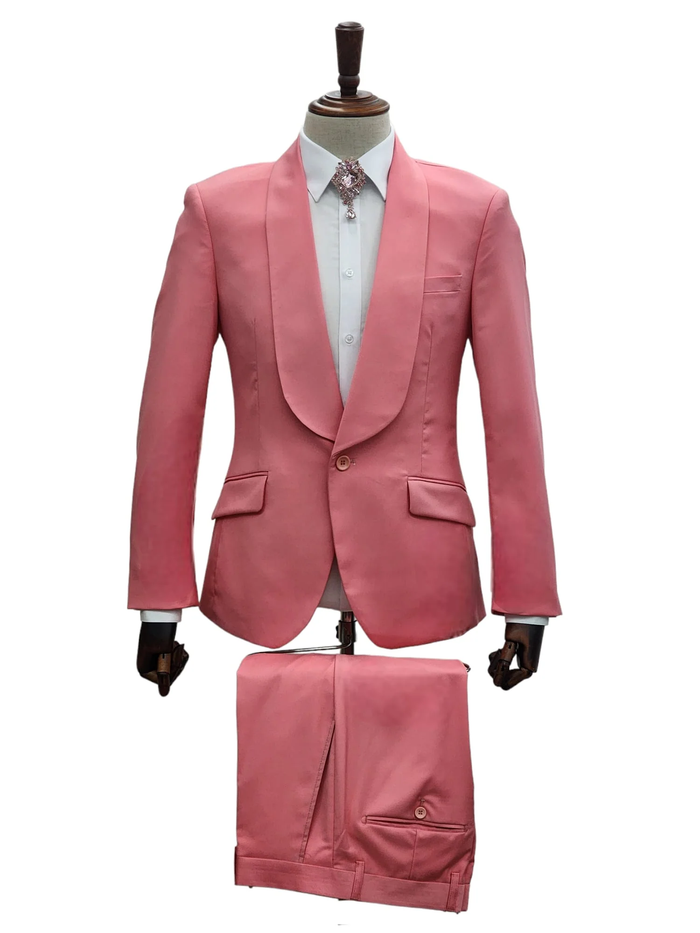 Mens Coral 2-Piece Slim Fit Suit 1 Button Shawl Lapel with Flat Front Pants