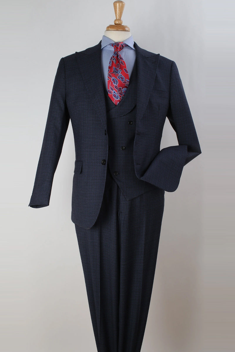 "Blue Plaid Wool Suit: Double Breasted, Wide Peak Lapel, Two-Button Men's Vest"