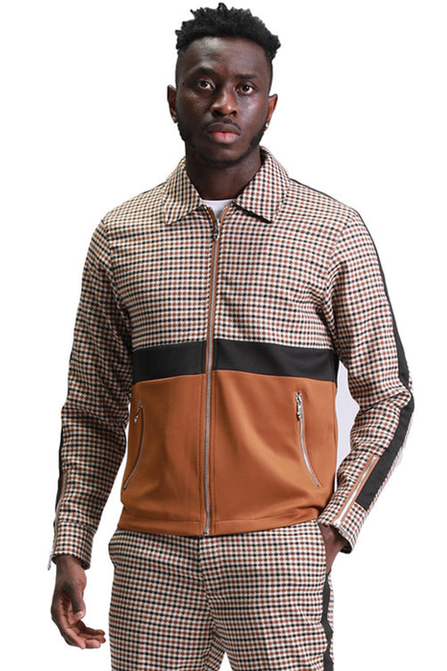 Houndstooth Men's Casual Walking  Jacket & Pant Set in Coffee Brown