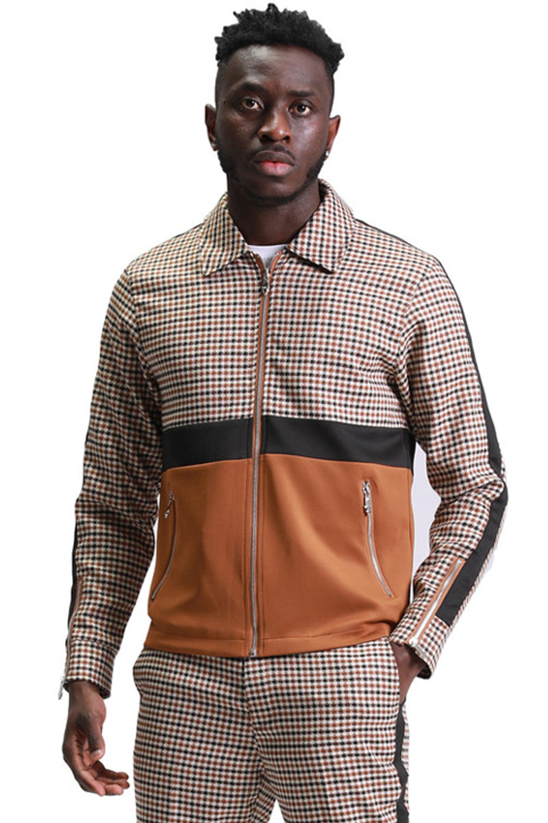 Houndstooth Men's Casual Walking  Jacket & Pant Set in Coffee Brown - X-Small