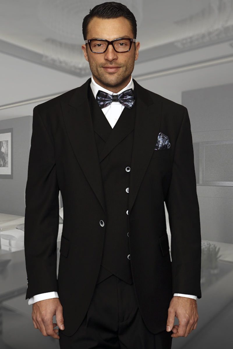 Men's Designer Vested One Button Peak Lapel Wide Leg Pant Wool Suit in Black - 36 Short