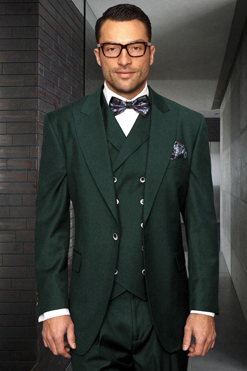 Men's Designer Vested One Button Peak Lapel Wide Leg Pant Wool Suit in Hunter Green - 36 Short