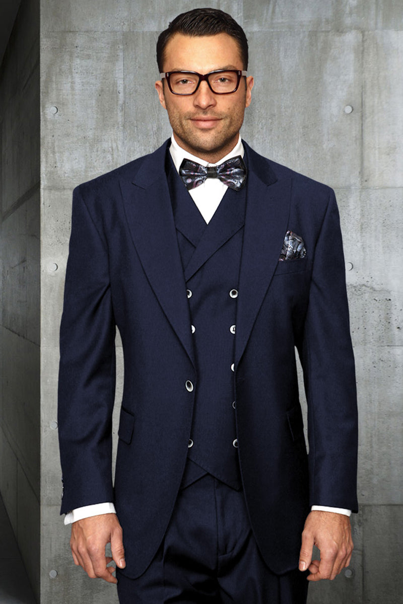 Men's Designer Vested One Button Peak Lapel Wide Leg Pant Wool Suit in Navy Blue - 36 Short