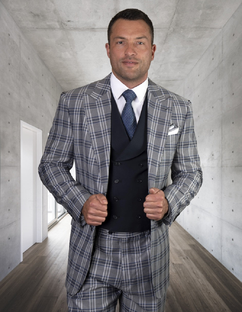 Mens Classic Fit One Button Peak Lapel Suit with Double Breasted Vest in Navy - 34 Short