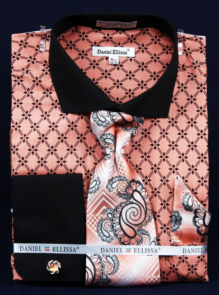 Floral Print Men's Dress Shirt & Tie Combo, Coral with Black Collar - 15Â½ 33/34