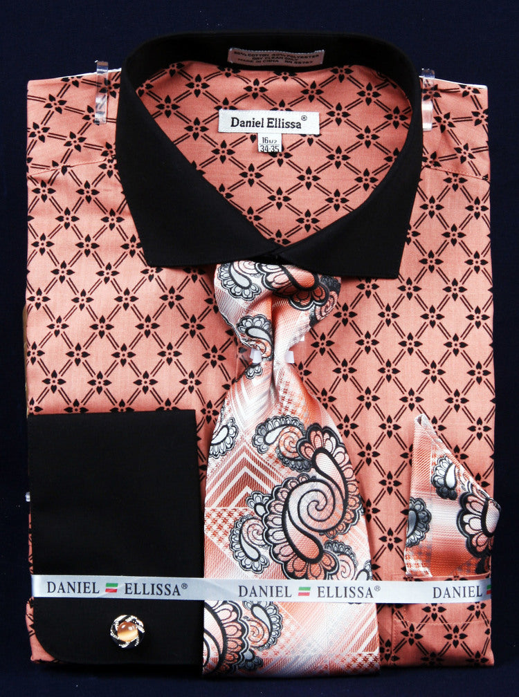 Floral Print Men's Dress Shirt & Tie Combo, Coral with Black Collar