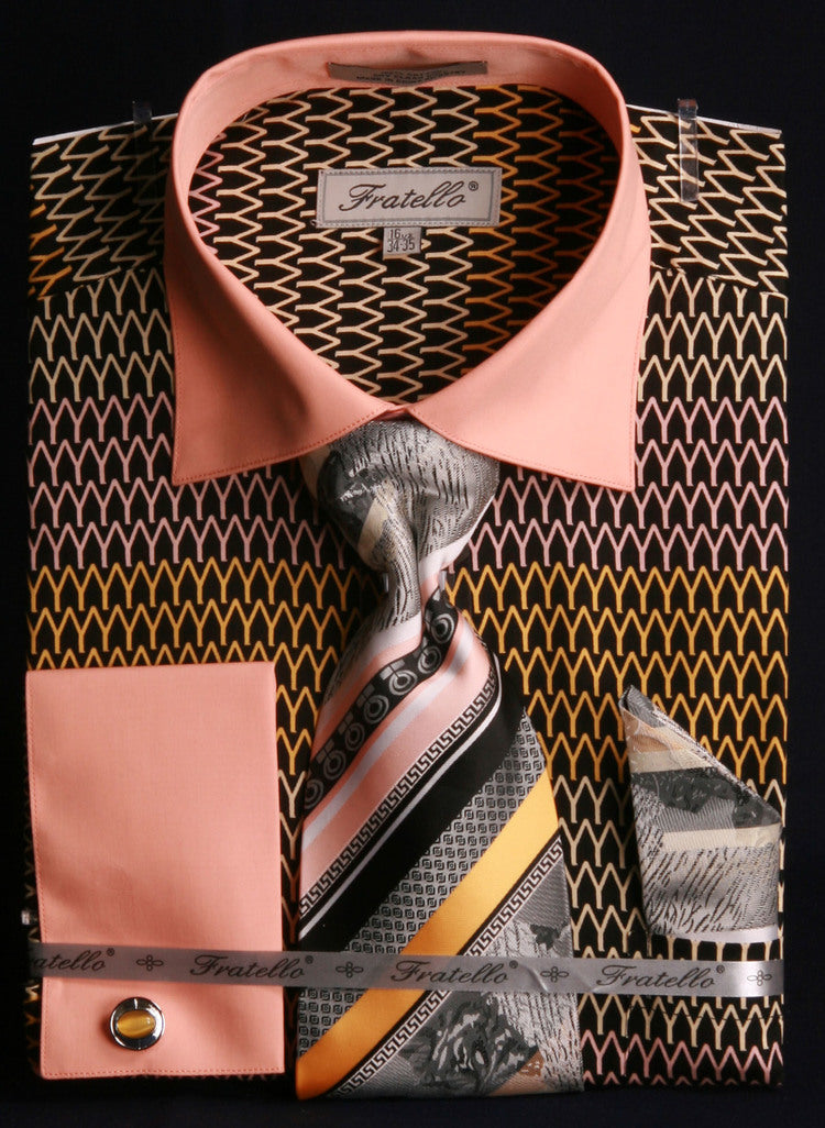 "Men's Black & Gold Arch Pattern French Cuff Shirt & Tie Combo" - 15Â½ 33/34