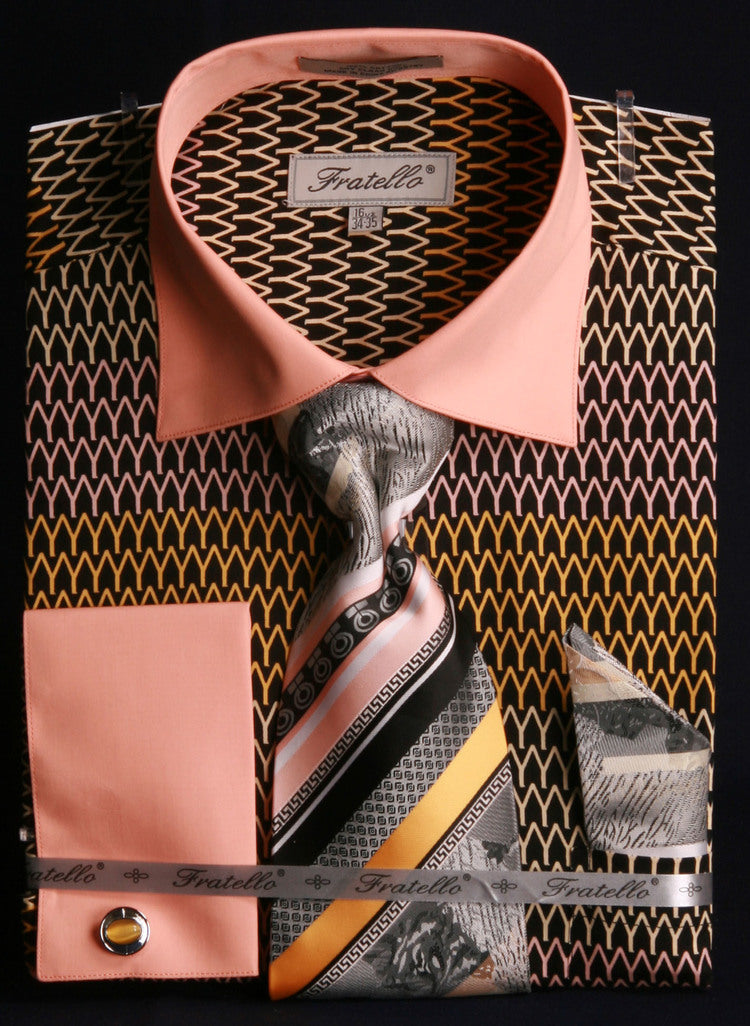 "Men's Black & Gold Arch Pattern French Cuff Shirt & Tie Combo"
