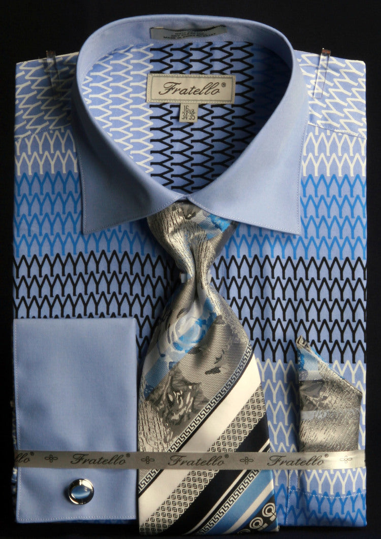 Blue Arch Pattern French Cuff Men's Shirt & Tie Combo - Spread Collar
